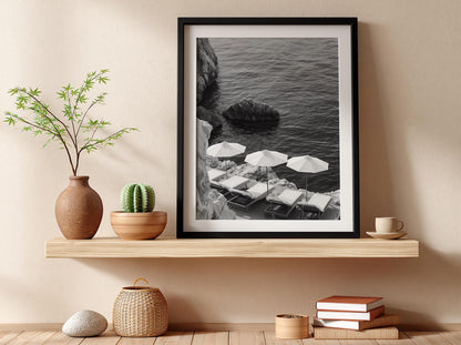 Cliffside Loungers Blue Sea Poster | Black and White Photography Print | Vintage Coastal Wall Art | Retro Summer Travel Decor