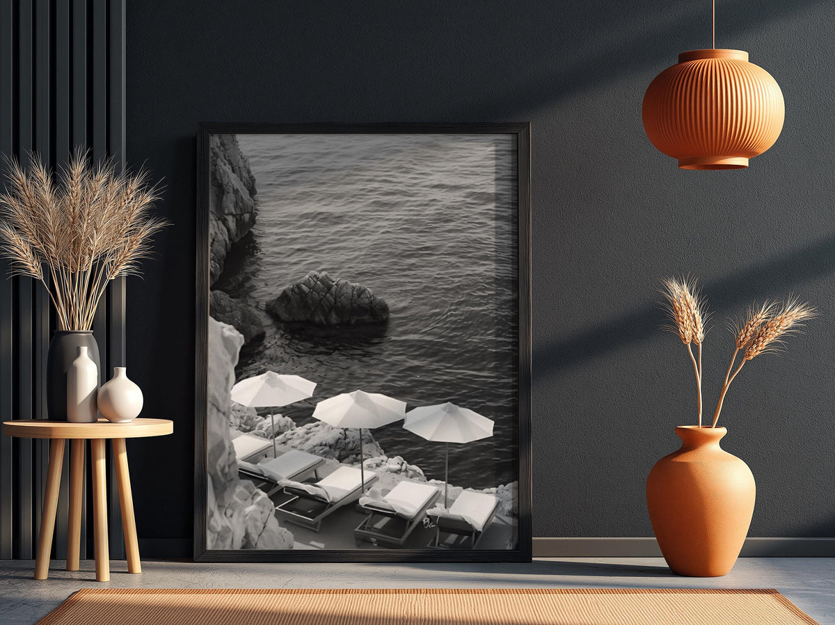 Cliffside Loungers Blue Sea Poster | Black and White Photography Print | Vintage Coastal Wall Art | Retro Summer Travel Decor