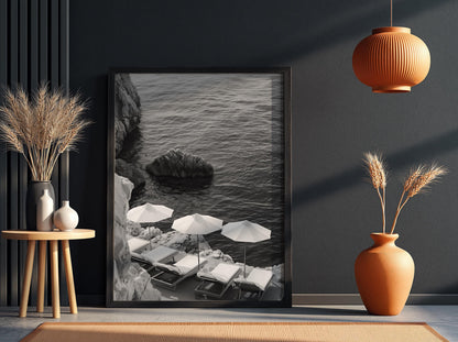 Cliffside Loungers Blue Sea Poster | Black and White Photography Print | Vintage Coastal Wall Art | Retro Summer Travel Decor