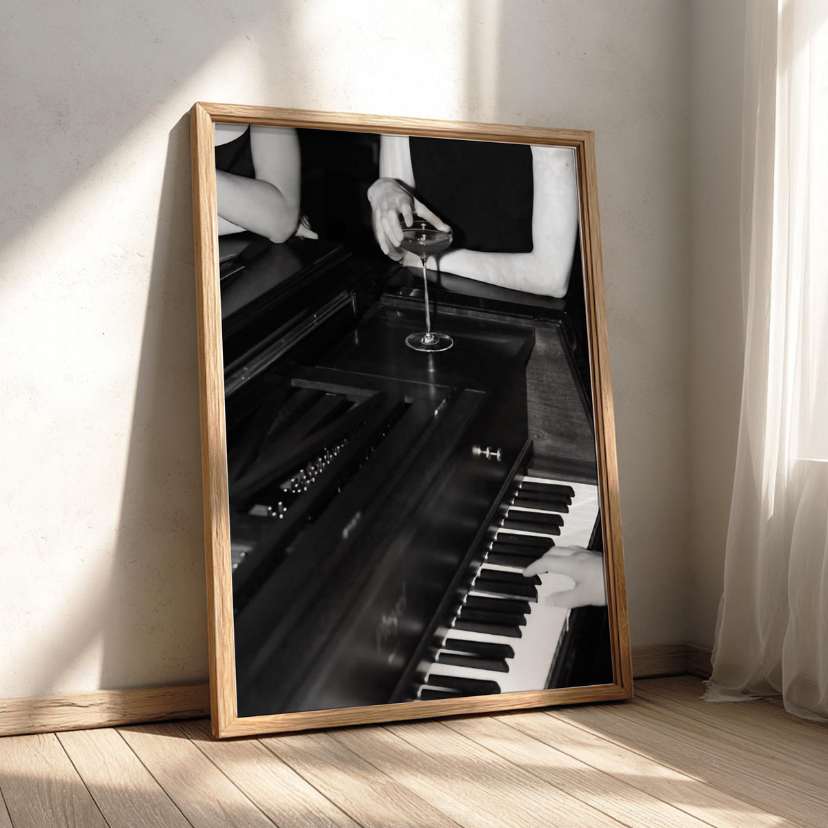 Cocktail On Grand Piano Poster | Black and White Photography Print | Vintage Luxury Wall Art | Retro Jazz Lifestyle Decor
