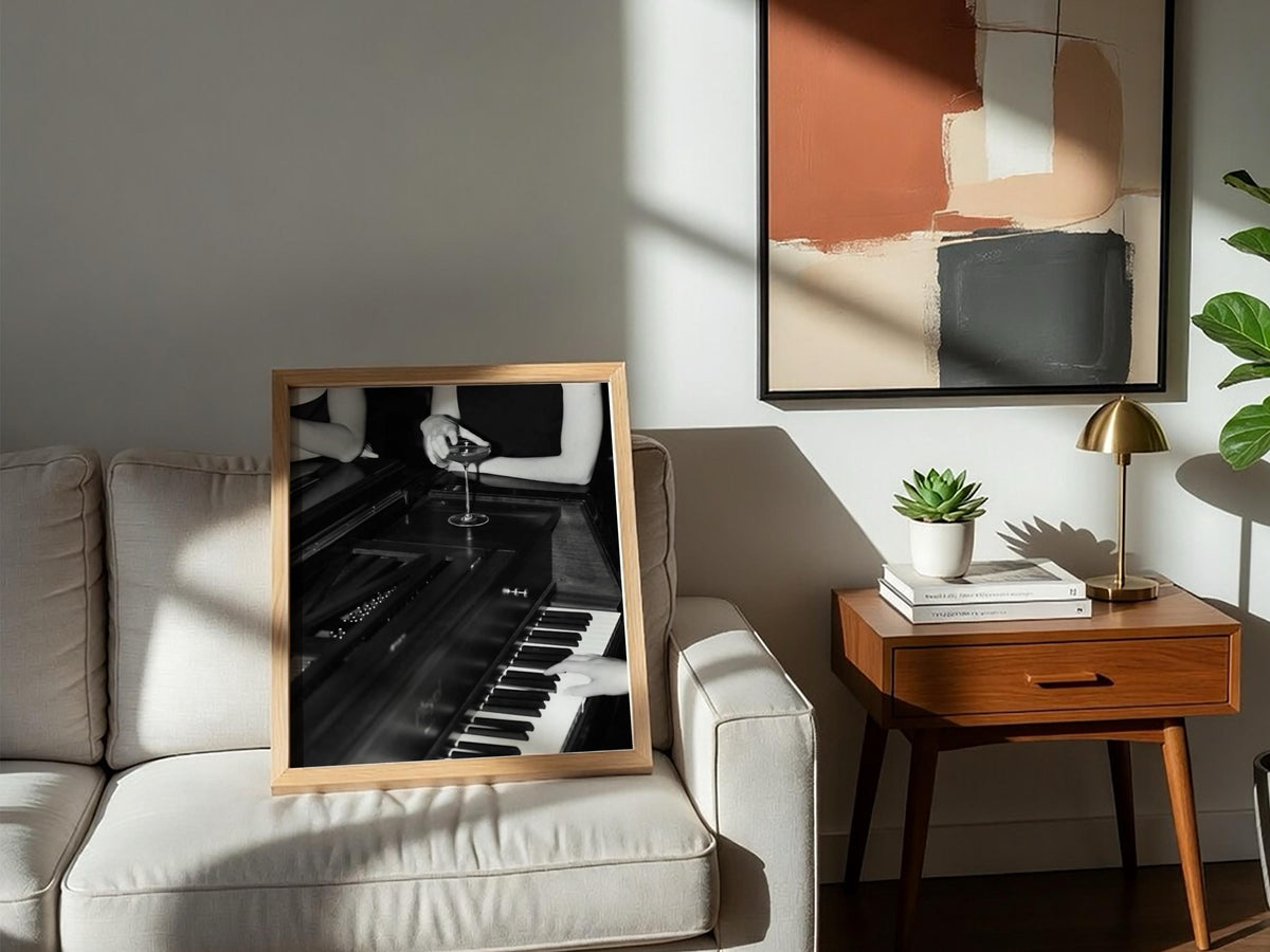 Cocktail On Grand Piano Poster | Black and White Photography Print | Vintage Luxury Wall Art | Retro Jazz Lifestyle Decor