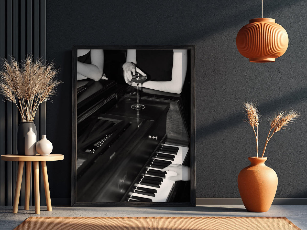 Cocktail On Grand Piano Poster | Black and White Photography Print | Vintage Luxury Wall Art | Retro Jazz Lifestyle Decor