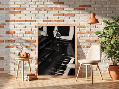 Cocktail On Grand Piano Poster | Black and White Photography Print | Vintage Luxury Wall Art | Retro Jazz Lifestyle Decor