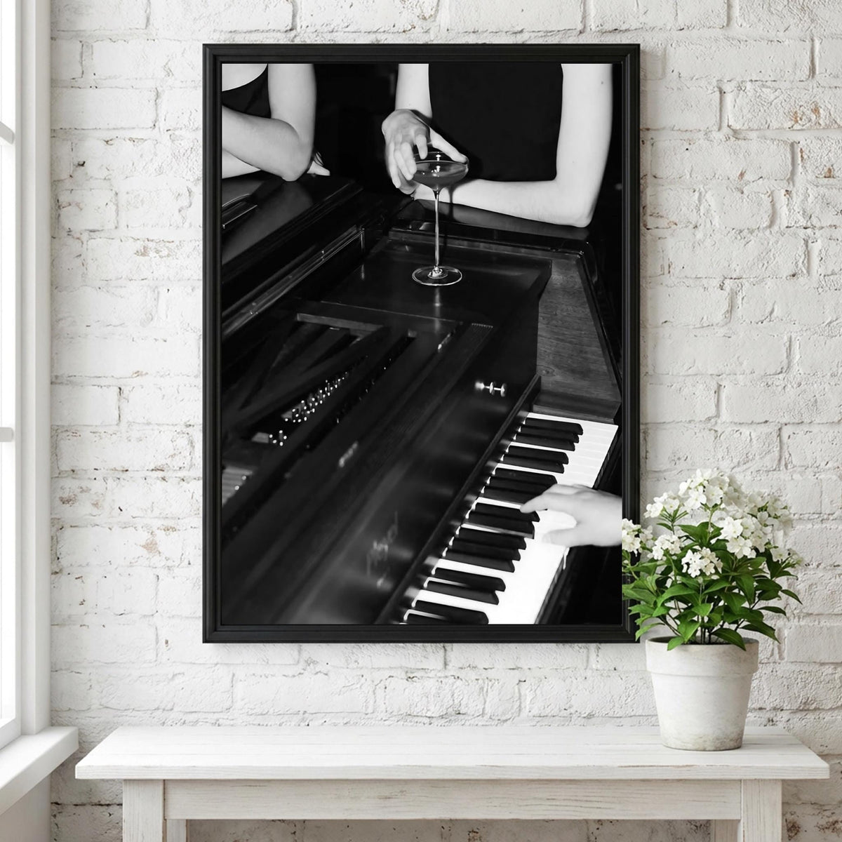 Cocktail On Grand Piano Poster | Black and White Photography Print | Vintage Luxury Wall Art | Retro Jazz Lifestyle Decor