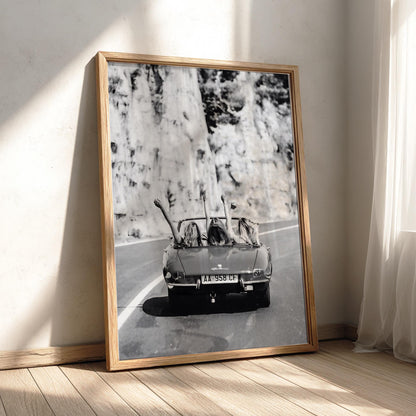 Convertible Road Trip Friends Poster | Black and White Photography Print | Vintage Travel Wall Art | Retro Adventure Lifestyle Decor