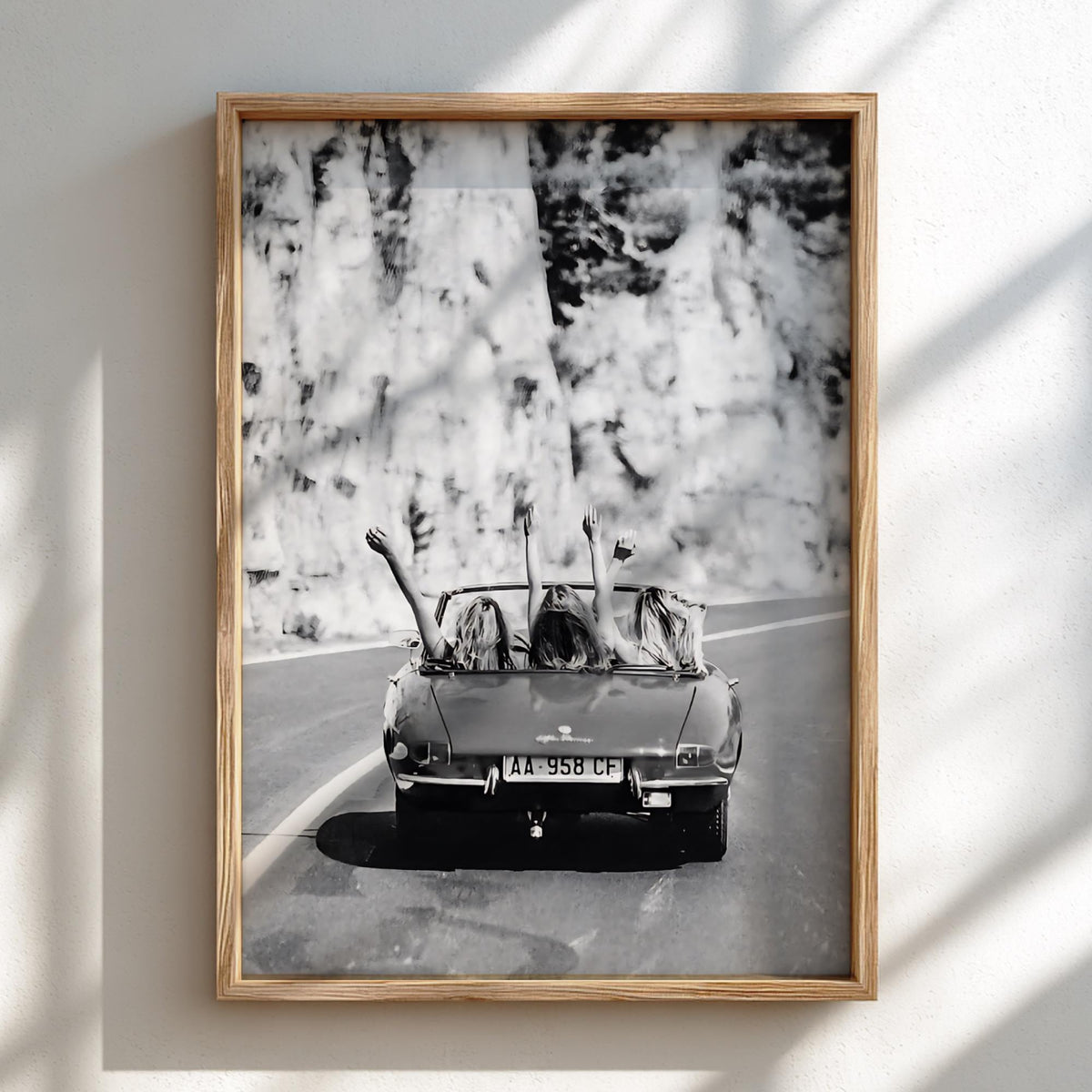 Convertible Road Trip Friends Poster | Black and White Photography Print | Vintage Travel Wall Art | Retro Adventure Lifestyle Decor
