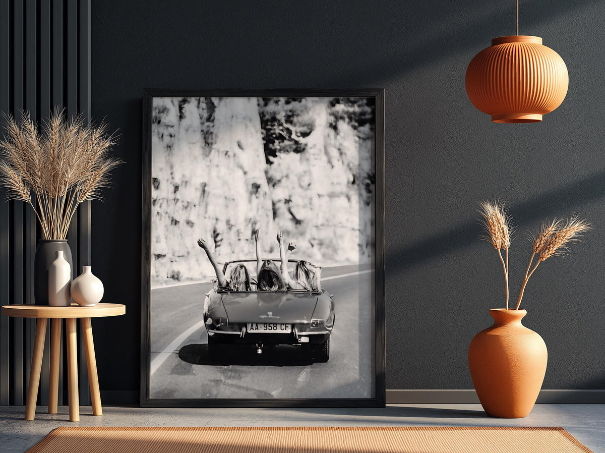 Convertible Road Trip Friends Poster | Black and White Photography Print | Vintage Travel Wall Art | Retro Adventure Lifestyle Decor