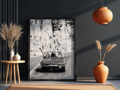 Convertible Road Trip Friends Poster | Black and White Photography Print | Vintage Travel Wall Art | Retro Adventure Lifestyle Decor