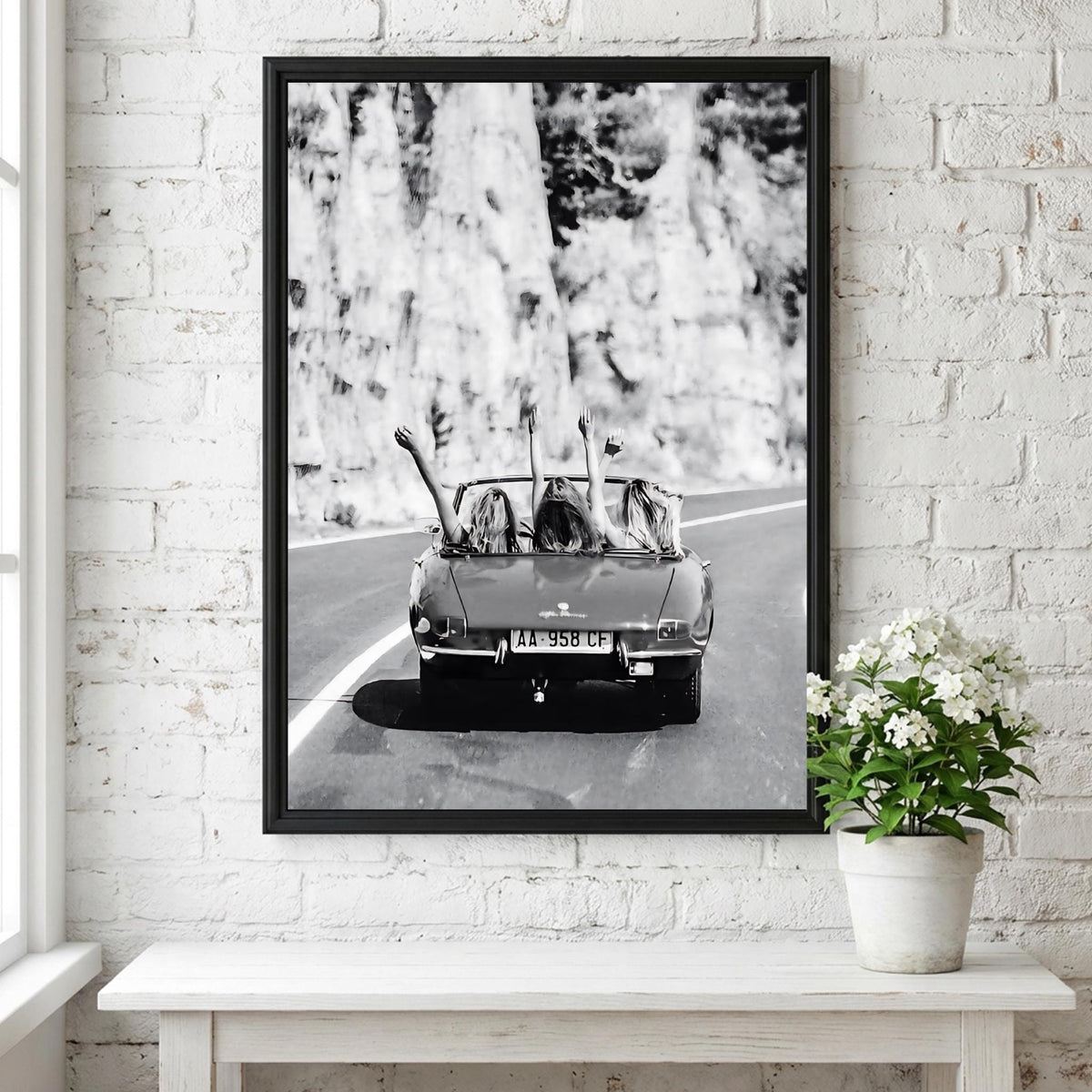 Convertible Road Trip Friends Poster | Black and White Photography Print | Vintage Travel Wall Art | Retro Adventure Lifestyle Decor