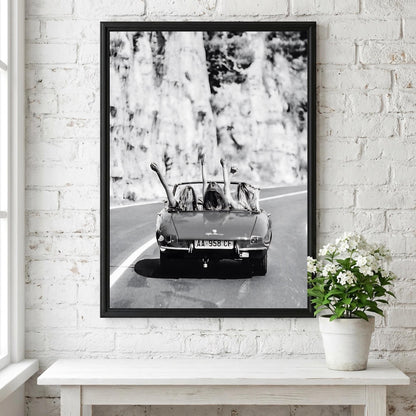 Convertible Road Trip Friends Poster | Black and White Photography Print | Vintage Travel Wall Art | Retro Adventure Lifestyle Decor