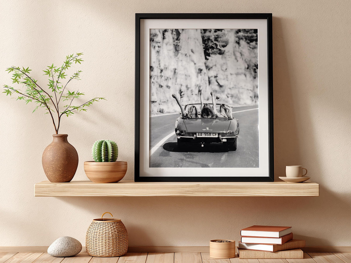 Convertible Road Trip Friends Poster | Black and White Photography Print | Vintage Travel Wall Art | Retro Adventure Lifestyle Decor