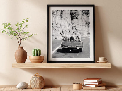 Convertible Road Trip Friends Poster | Black and White Photography Print | Vintage Travel Wall Art | Retro Adventure Lifestyle Decor