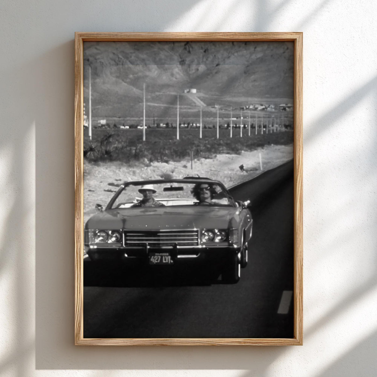 Desert Highway Red Convertible Poster | Black and White Photography Print | Vintage Road Trip Wall Art | Retro Travel Decor