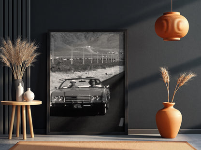 Desert Highway Red Convertible Poster | Black and White Photography Print | Vintage Road Trip Wall Art | Retro Travel Decor