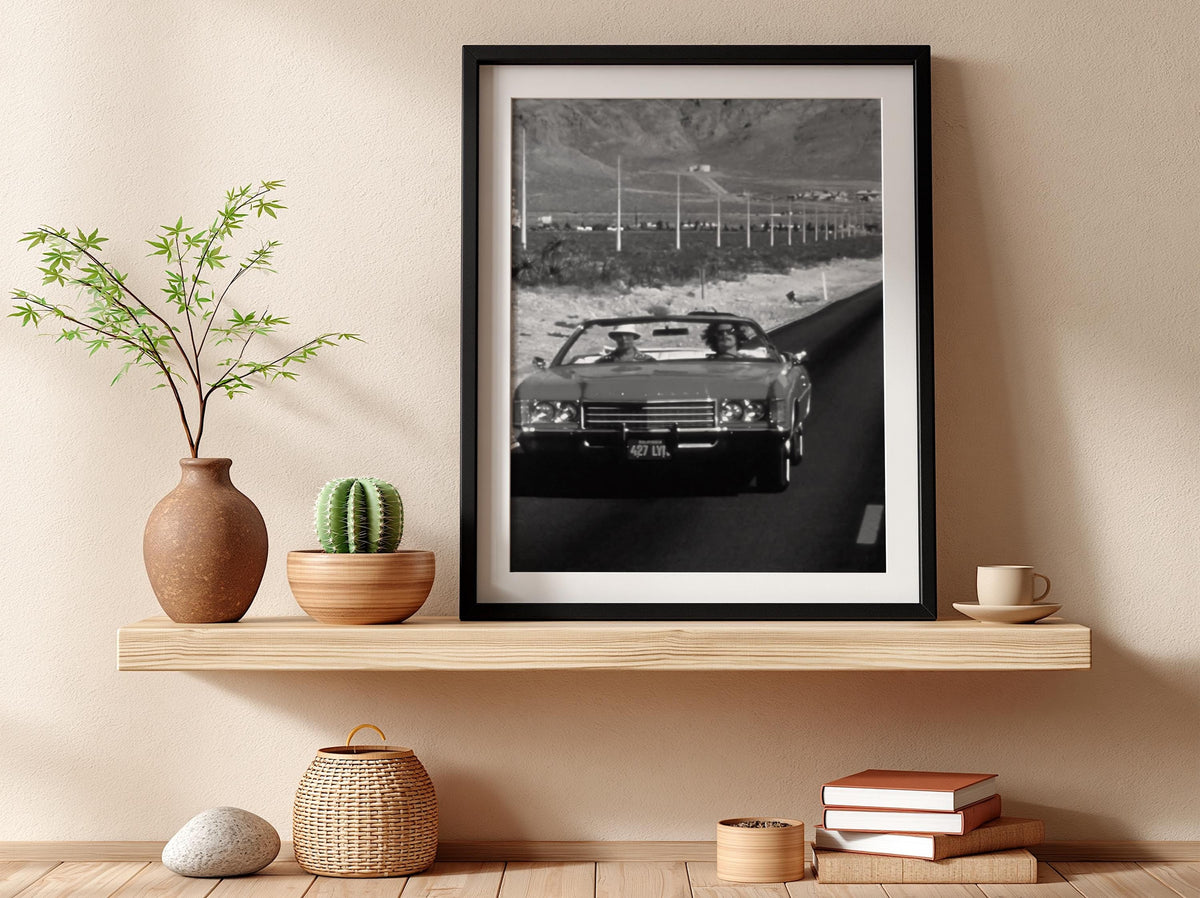 Desert Highway Red Convertible Poster | Black and White Photography Print | Vintage Road Trip Wall Art | Retro Travel Decor