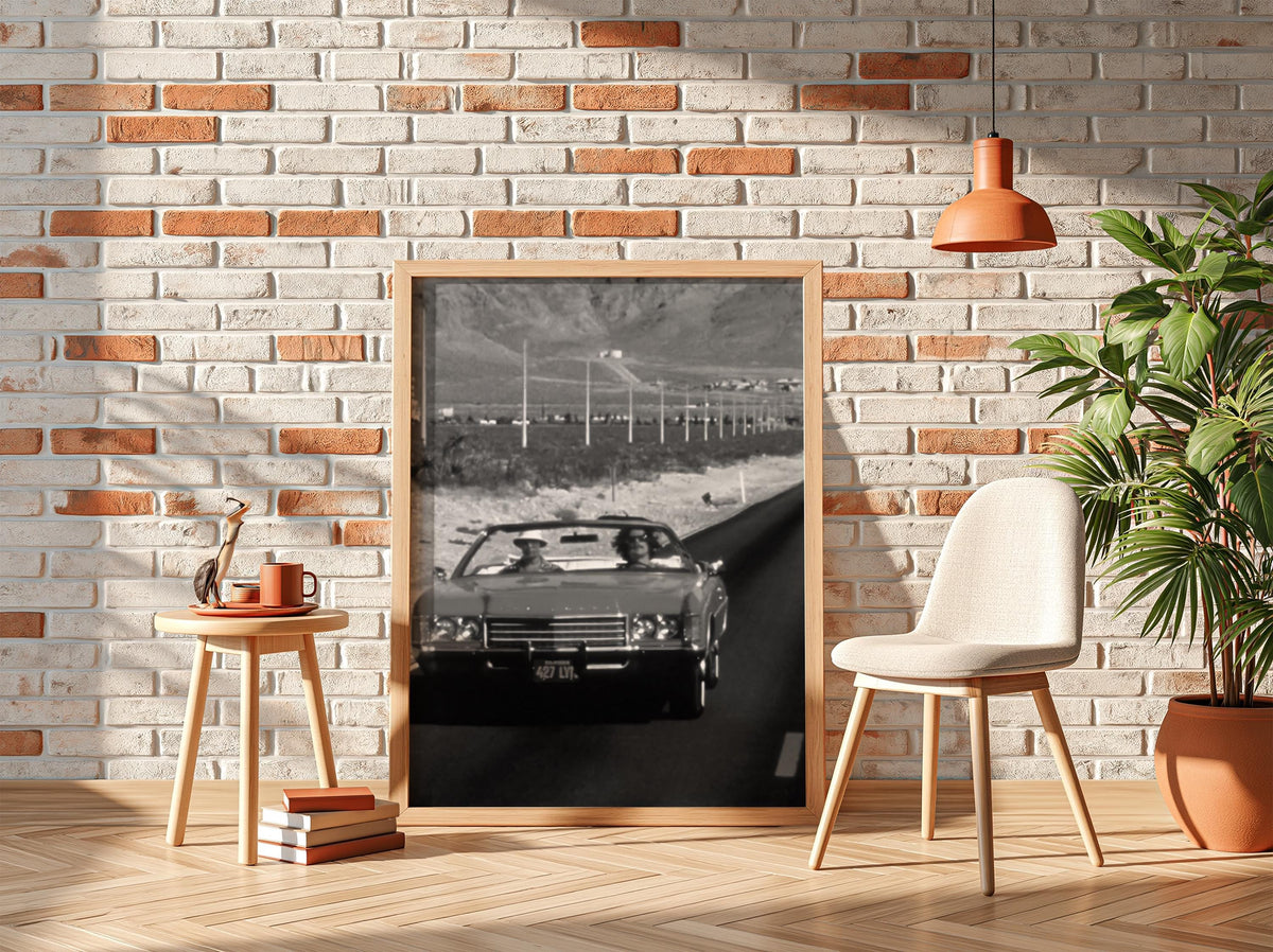 Desert Highway Red Convertible Poster | Black and White Photography Print | Vintage Road Trip Wall Art | Retro Travel Decor