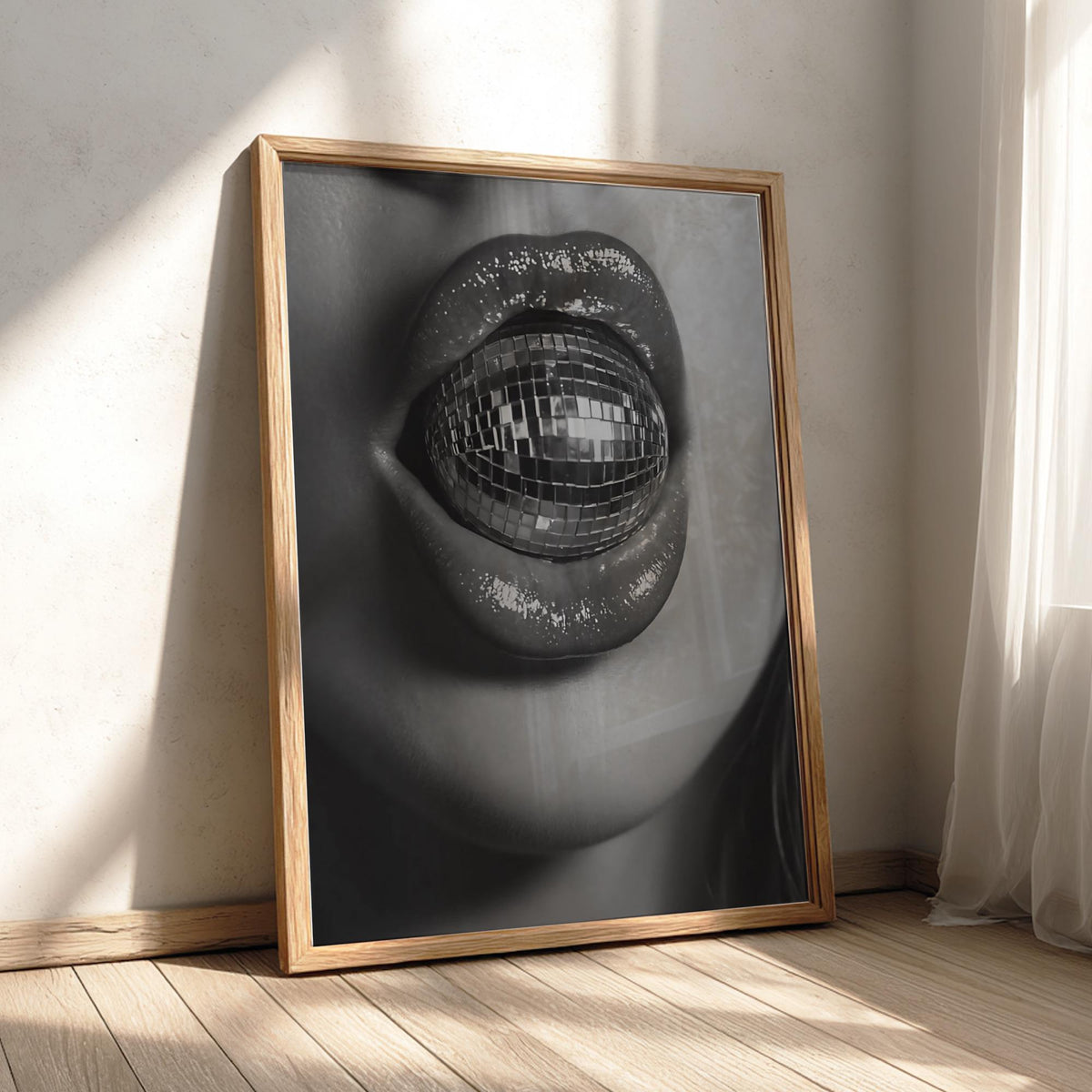 Disco Ball Lips Closeup Poster | Black and White Photography Print | Vintage Glam Wall Art | Retro Nightlife Decor