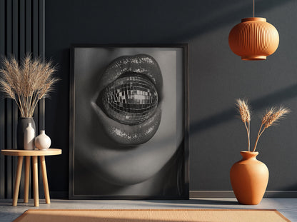 Disco Ball Lips Closeup Poster | Black and White Photography Print | Vintage Glam Wall Art | Retro Nightlife Decor