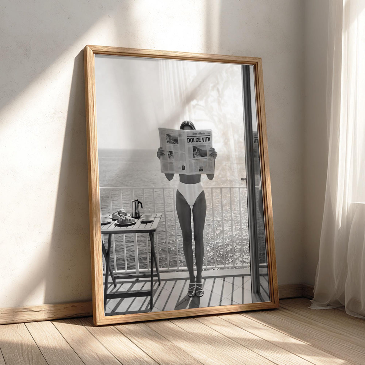 Balcony Breakfast Newspaper Poster | Black and White Photography Print | Vintage Lifestyle Wall Art | Retro Morning Decor