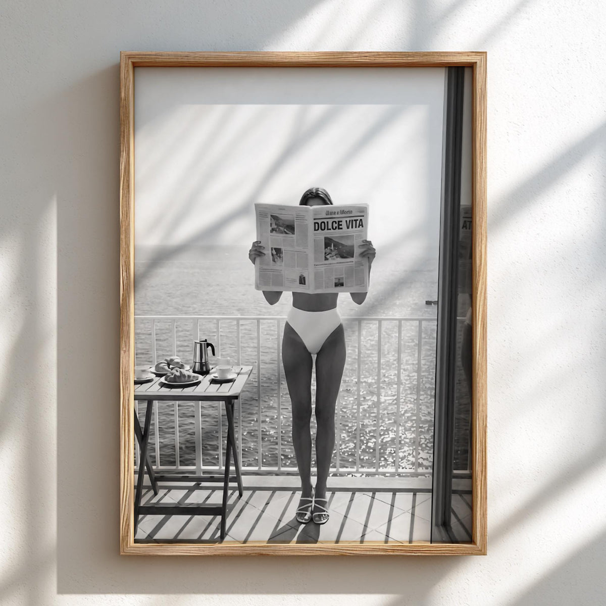 Balcony Breakfast Newspaper Poster | Black and White Photography Print | Vintage Lifestyle Wall Art | Retro Morning Decor