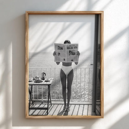 Balcony Breakfast Newspaper Poster | Black and White Photography Print | Vintage Lifestyle Wall Art | Retro Morning Decor
