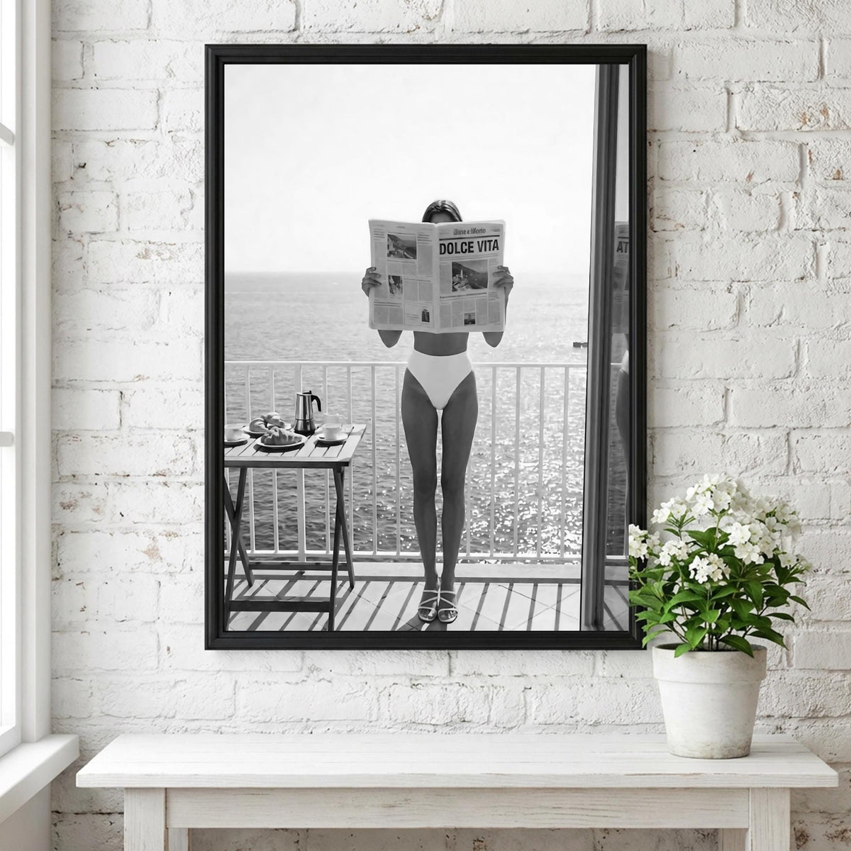 Balcony Breakfast Newspaper Poster | Black and White Photography Print | Vintage Lifestyle Wall Art | Retro Morning Decor