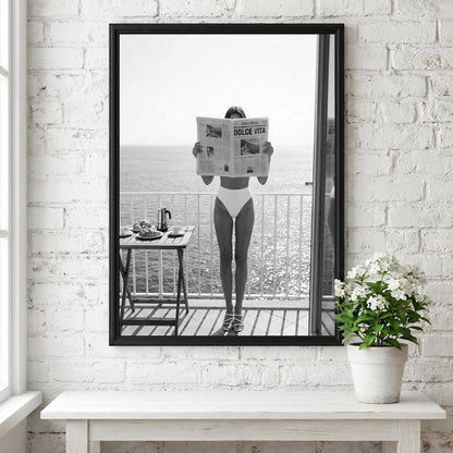 Balcony Breakfast Newspaper Poster | Black and White Photography Print | Vintage Lifestyle Wall Art | Retro Morning Decor