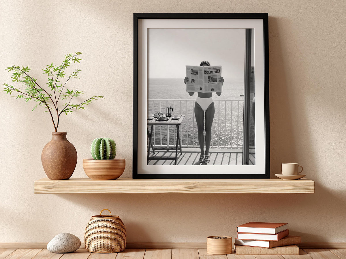 Balcony Breakfast Newspaper Poster | Black and White Photography Print | Vintage Lifestyle Wall Art | Retro Morning Decor