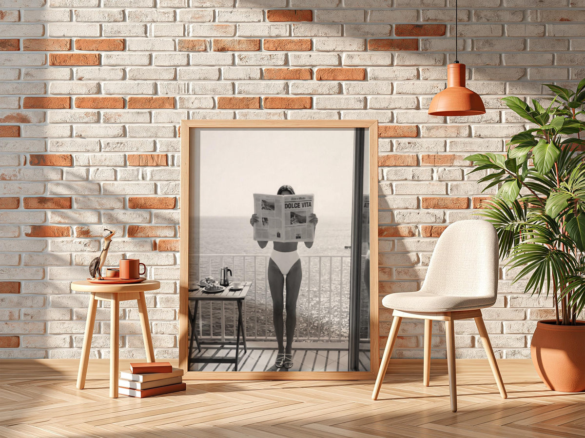 Balcony Breakfast Newspaper Poster | Black and White Photography Print | Vintage Lifestyle Wall Art | Retro Morning Decor