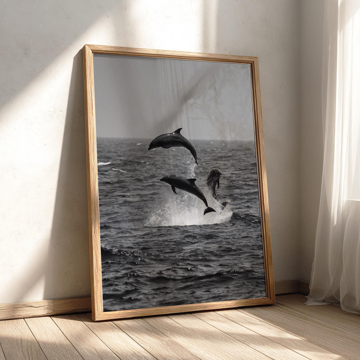 Dolphins Leaping Above Waves Poster | Black and White Photography Print | Vintage Ocean Wall Art | Retro Coastal Nature Decor