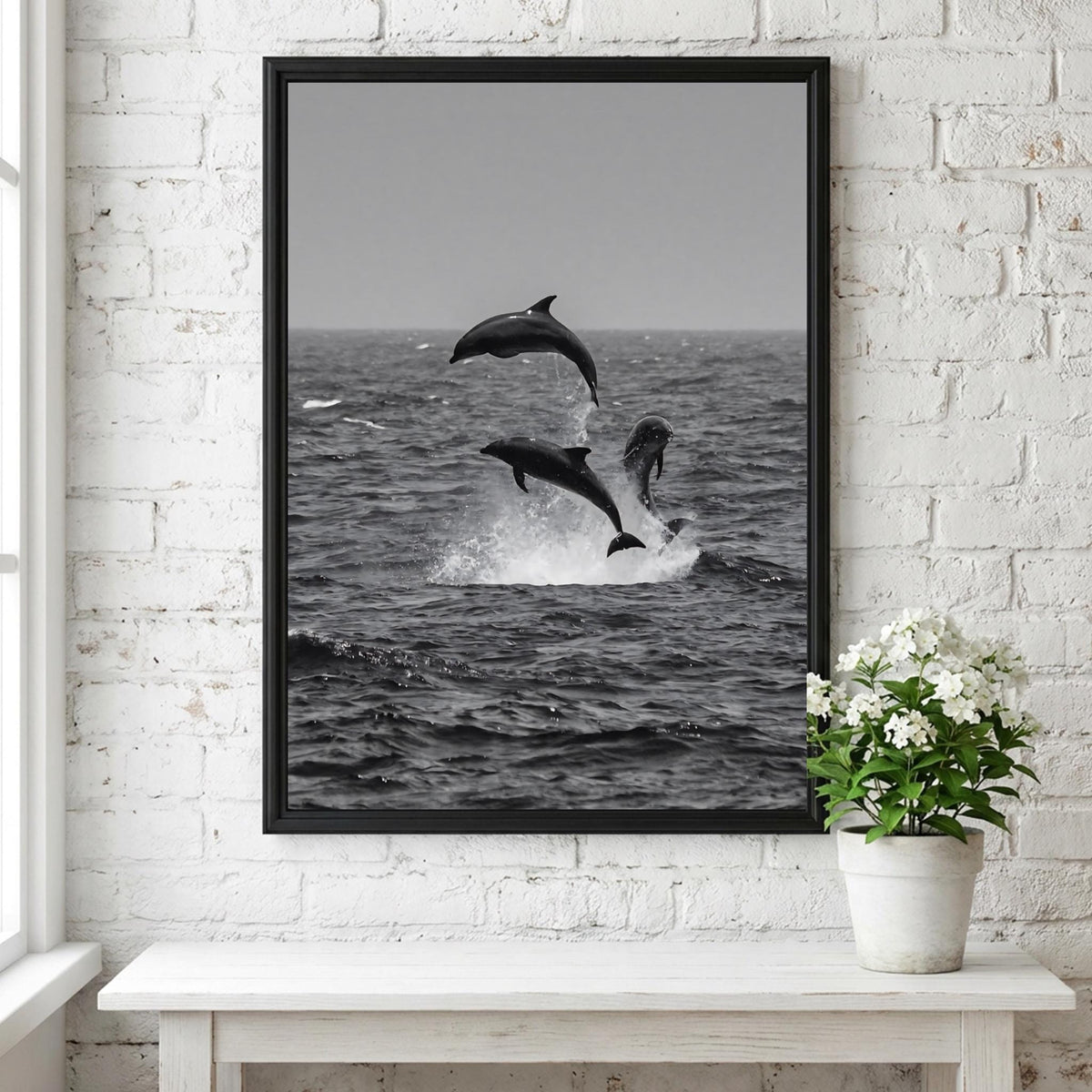 Dolphins Leaping Above Waves Poster | Black and White Photography Print | Vintage Ocean Wall Art | Retro Coastal Nature Decor