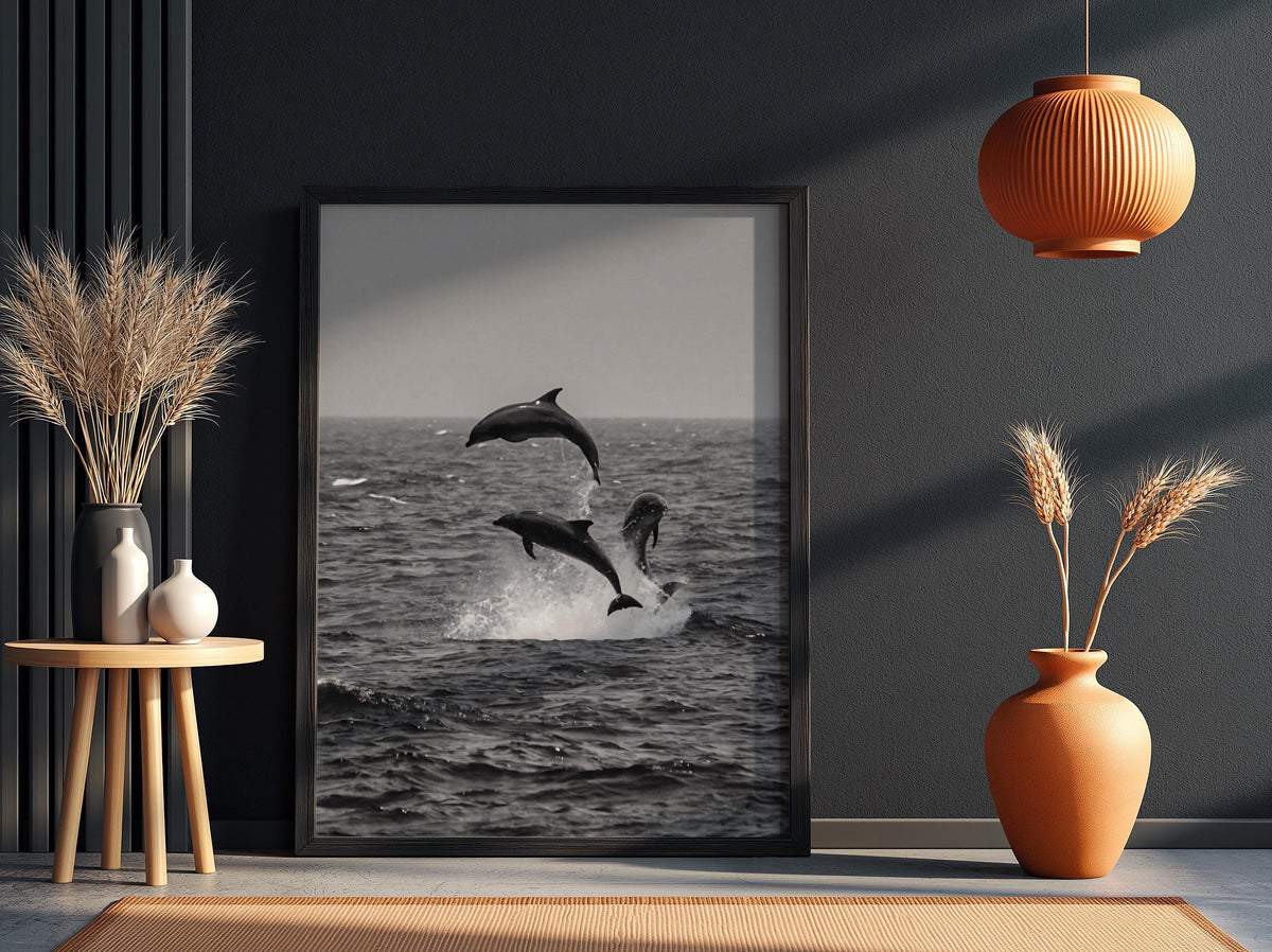 Dolphins Leaping Above Waves Poster | Black and White Photography Print | Vintage Ocean Wall Art | Retro Coastal Nature Decor