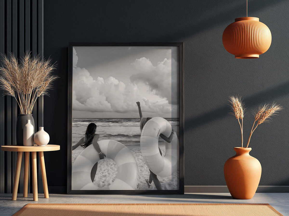 Friends Running With Pool Floats Poster | Black and White Photography Print | Vintage Summer Wall Art | Retro Pool Lifestyle Decor