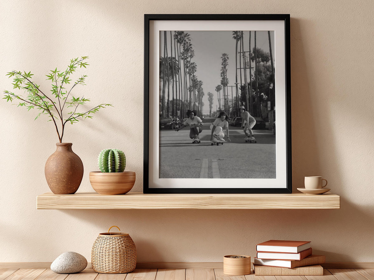 Girls Skateboarding Palm Street Poster | Black and White Photography Print | Vintage Summer Wall Art | Retro Street Lifestyle Decor