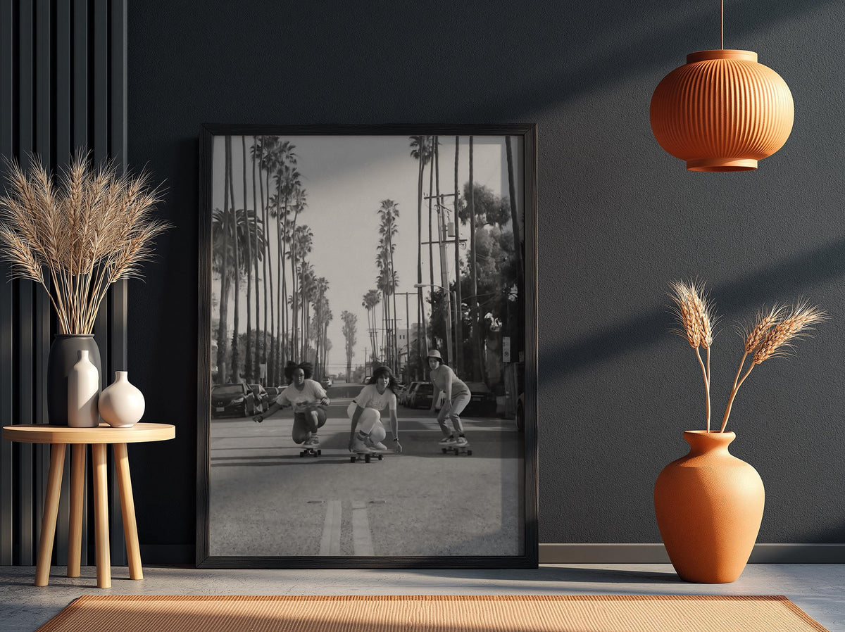 Girls Skateboarding Palm Street Poster | Black and White Photography Print | Vintage Summer Wall Art | Retro Street Lifestyle Decor