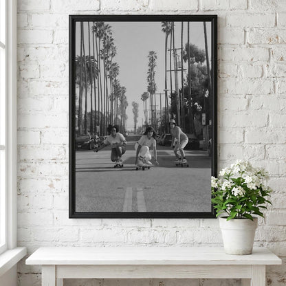 Girls Skateboarding Palm Street Poster | Black and White Photography Print | Vintage Summer Wall Art | Retro Street Lifestyle Decor