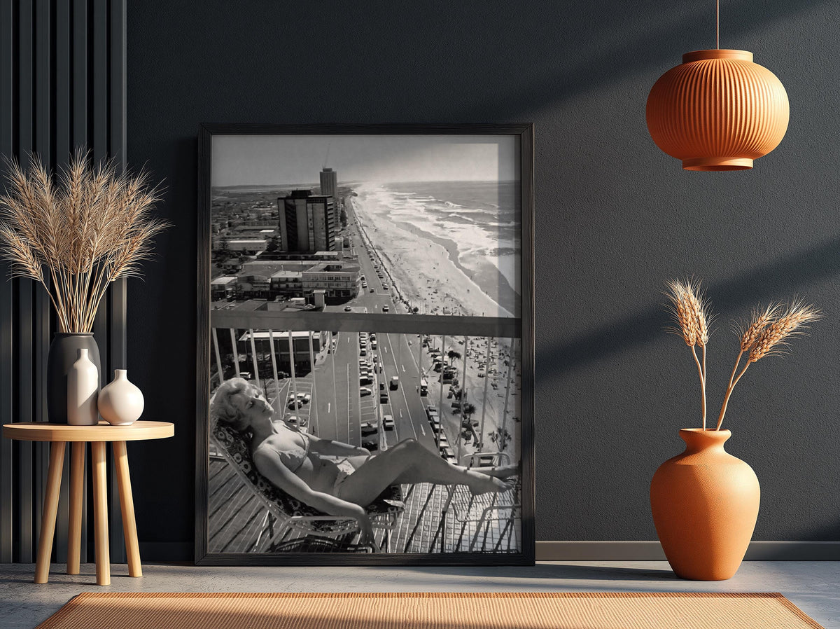 Gold Coast Balcony Sunbather Poster | Black and White Photography Print | Vintage Summer Wall Art | Retro Coastal Lifestyle Decor