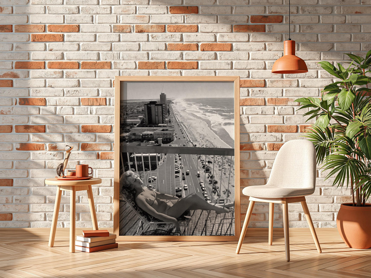 Gold Coast Balcony Sunbather Poster | Black and White Photography Print | Vintage Summer Wall Art | Retro Coastal Lifestyle Decor