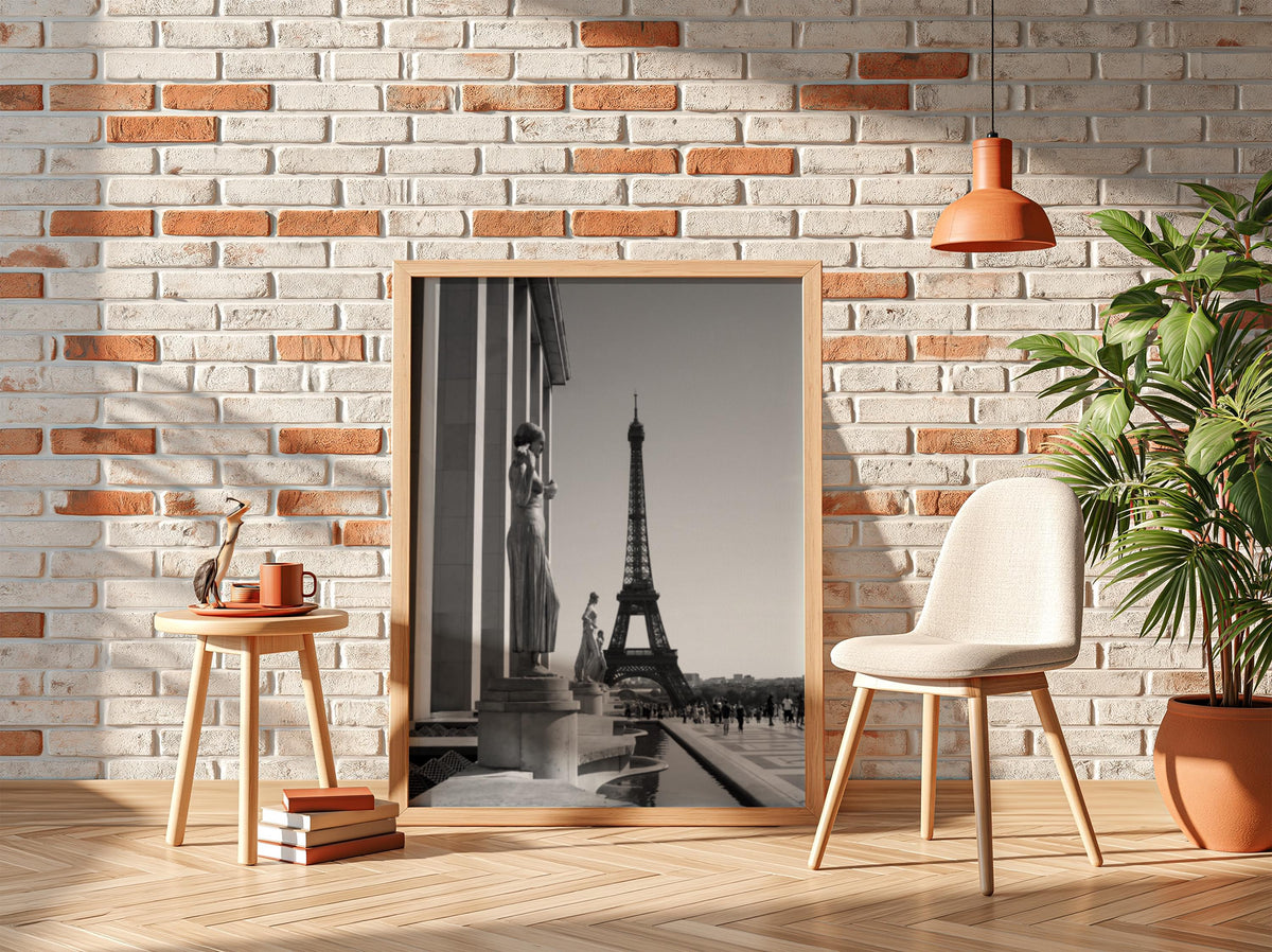 Golden Statues Eiffel Tower View Poster | Black and White Photography Print | Vintage Paris Wall Art | Retro Travel Decor