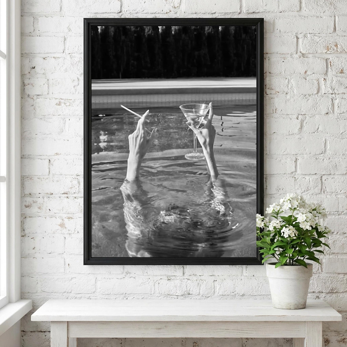 Hands Rising From Pool Poster | Black and White Photography Print | Vintage Summer Wall Art | Retro Pool Lifestyle Decor