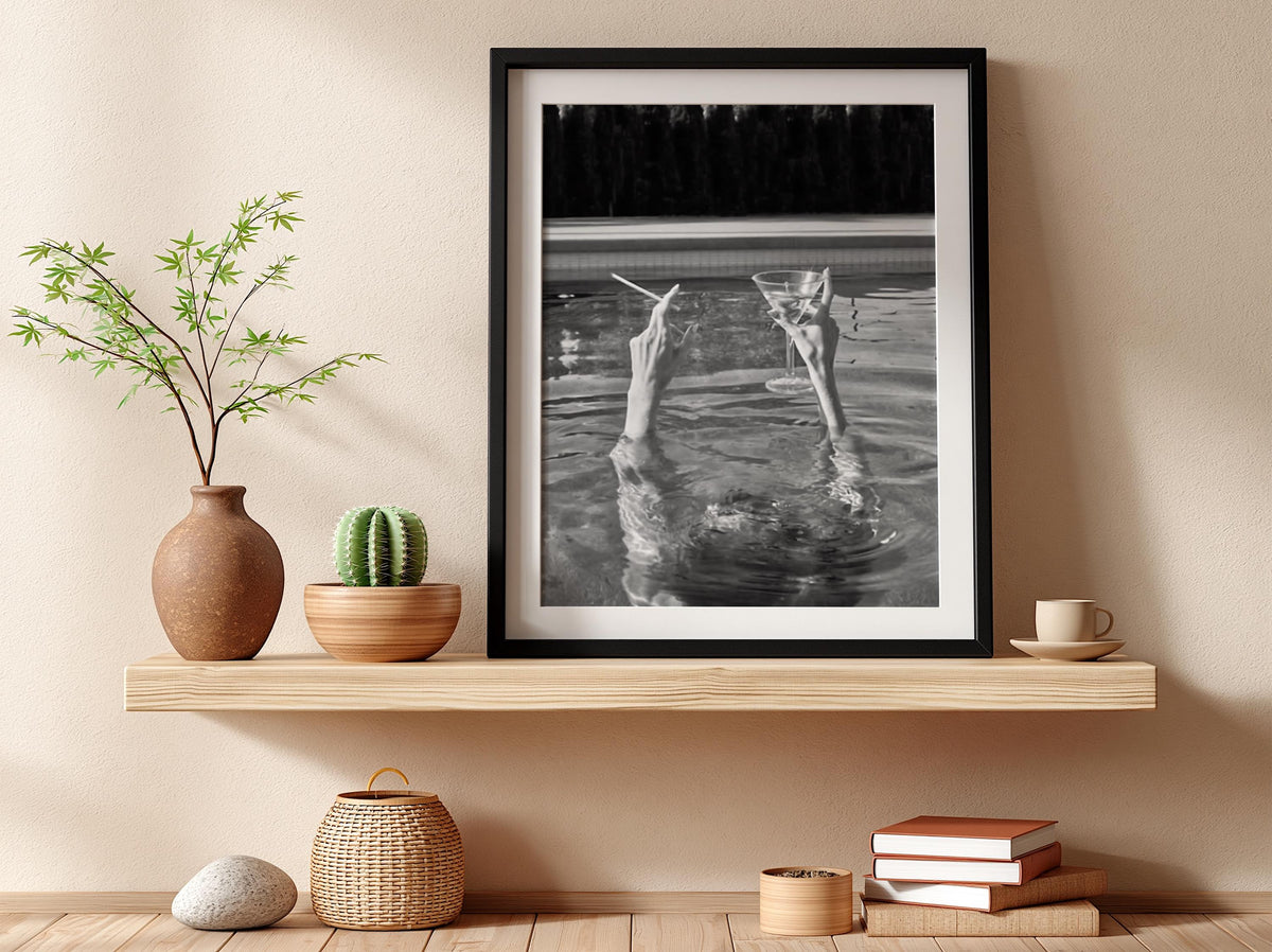 Hands Rising From Pool Poster | Black and White Photography Print | Vintage Summer Wall Art | Retro Pool Lifestyle Decor