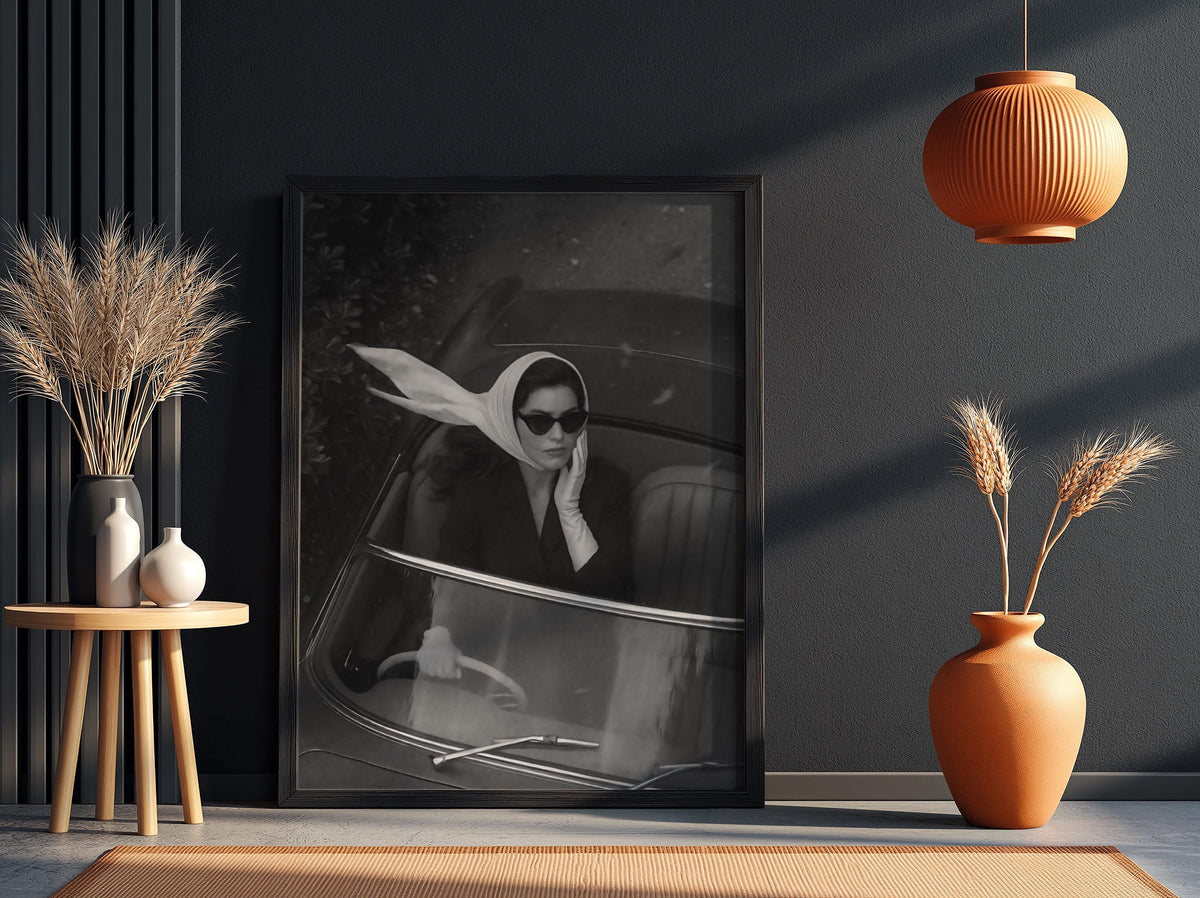 Headscarf Woman Convertible Ride Poster | Black and White Photography Print | Vintage Travel Wall Art | Retro Lifestyle Decor