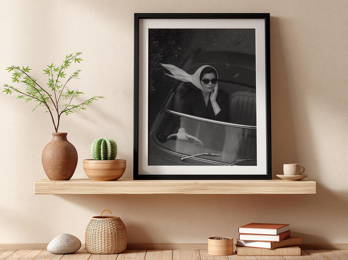 Headscarf Woman Convertible Ride Poster | Black and White Photography Print | Vintage Travel Wall Art | Retro Lifestyle Decor