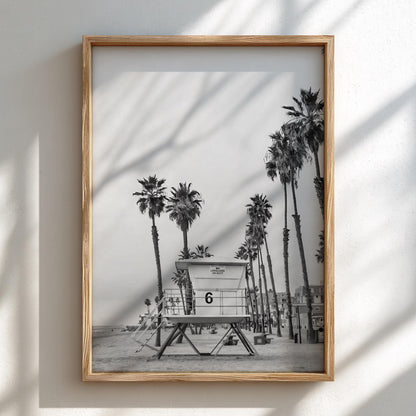 Lifeguard Tower Palm Sunset Poster | Black and White Photography Print | Vintage Beach Wall Art | Retro Coastal Travel Decor