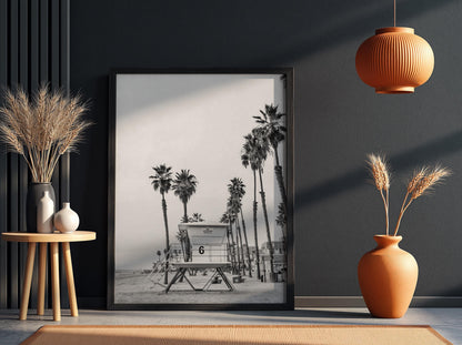 Lifeguard Tower Palm Sunset Poster | Black and White Photography Print | Vintage Beach Wall Art | Retro Coastal Travel Decor