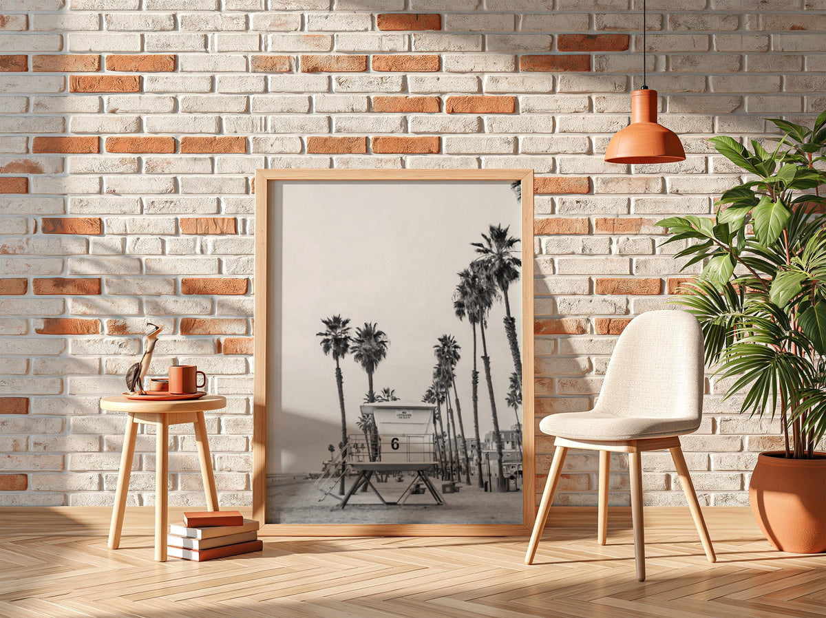 Lifeguard Tower Palm Sunset Poster | Black and White Photography Print | Vintage Beach Wall Art | Retro Coastal Travel Decor