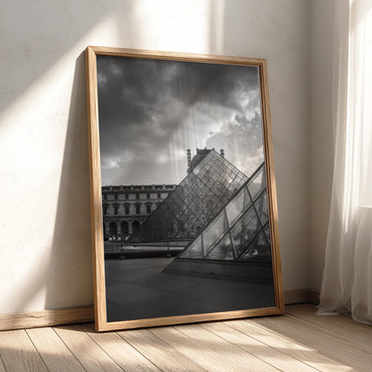 Louvre Glass Pyramid Poster | Black and White Photography Print | Vintage Paris Wall Art | Retro Architecture Travel Decor