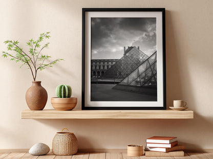 Louvre Glass Pyramid Poster | Black and White Photography Print | Vintage Paris Wall Art | Retro Architecture Travel Decor