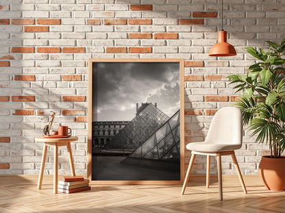 Louvre Glass Pyramid Poster | Black and White Photography Print | Vintage Paris Wall Art | Retro Architecture Travel Decor