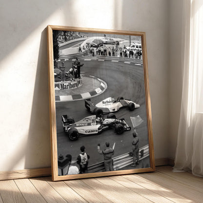 Racing Corner Battle Poster | Black and White Photography Print | Vintage Racing Wall Art | Retro Motorsport Decor